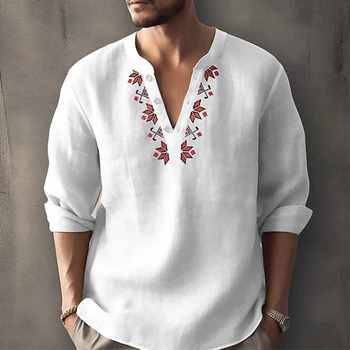  Модная Свободная футболка с длинным рукавом, мужская футболка с винтажным рисунком, футболки с V-образным вырезом и пуговицами для мужской одежды, повседневные пуловеры, топы